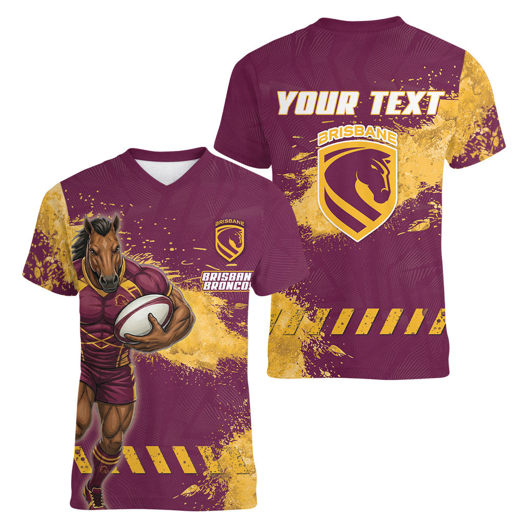 Personalised Brisbane Broncos Rugby Women V-Neck T-Shirt Bronx Mascot Grunge Maroon Gold - Sporty Splash Art Style