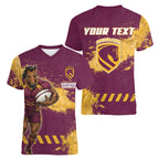 Personalised Brisbane Broncos Rugby Women V-Neck T-Shirt Bronx Mascot Grunge Maroon Gold - Sporty Splash Art Style