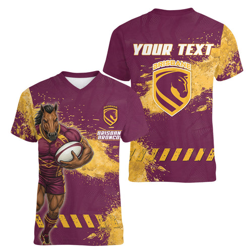 Personalised Brisbane Broncos Rugby Women V-Neck T-Shirt Bronx Mascot Grunge Maroon Gold - Sporty Splash Art Style