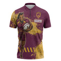 Personalised Brisbane Broncos Rugby Zipper Polo Shirt Bronx Mascot Grunge Maroon Gold - Sporty Splash Art Style