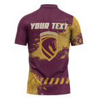 Personalised Brisbane Broncos Rugby Zipper Polo Shirt Bronx Mascot Grunge Maroon Gold - Sporty Splash Art Style
