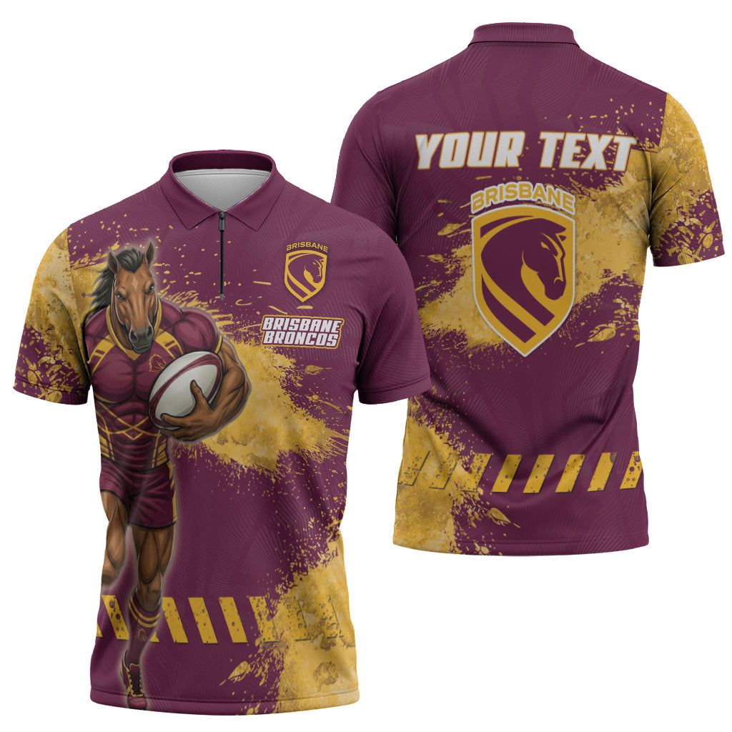 Personalised Brisbane Broncos Rugby Zipper Polo Shirt Bronx Mascot Grunge Maroon Gold - Sporty Splash Art Style