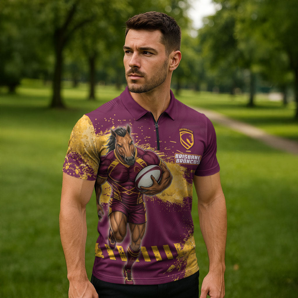 Personalised Brisbane Broncos Rugby Zipper Polo Shirt Bronx Mascot Grunge Maroon Gold - Sporty Splash Art Style