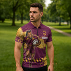 Personalised Brisbane Broncos Rugby Zipper Polo Shirt Bronx Mascot Grunge Maroon Gold - Sporty Splash Art Style