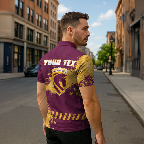 Personalised Brisbane Broncos Rugby Zipper Polo Shirt Bronx Mascot Grunge Maroon Gold - Sporty Splash Art Style