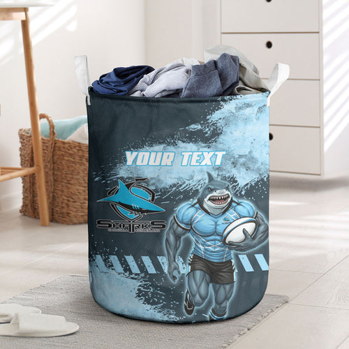 Personalised Cronulla Sutherland Sharks Rugby Laundry Basket Sharkies Mascot - Sporty Splash Art Style