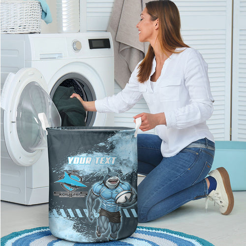 Personalised Cronulla Sutherland Sharks Rugby Laundry Basket Sharkies Mascot - Sporty Splash Art Style