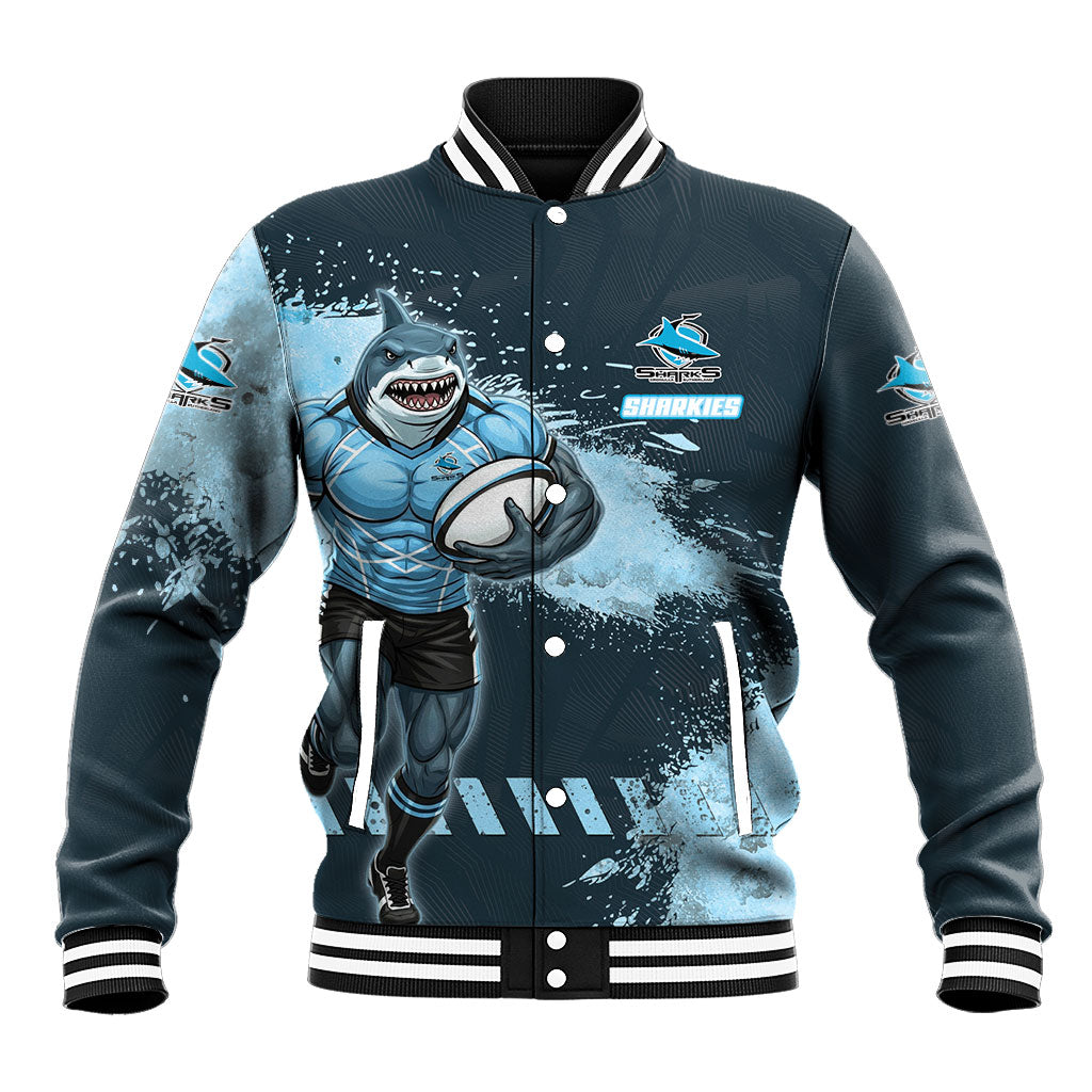 Personalised Cronulla Sutherland Sharks Rugby Baseball Jacket Sharkies Mascot - Sporty Splash Art Style