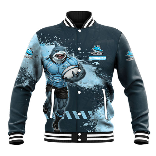 Personalised Cronulla Sutherland Sharks Rugby Baseball Jacket Sharkies Mascot - Sporty Splash Art Style