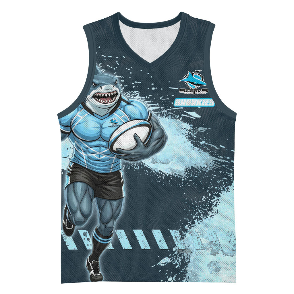 Personalised Cronulla Sutherland Sharks Rugby Basketball Jersey Sharkies Mascot - Sporty Splash Art Style