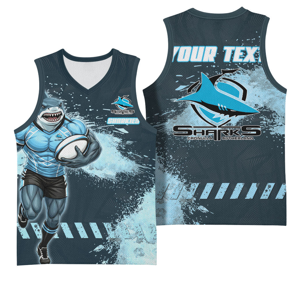 Personalised Cronulla Sutherland Sharks Rugby Basketball Jersey Sharkies Mascot - Sporty Splash Art Style