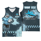 Personalised Cronulla Sutherland Sharks Rugby Basketball Jersey Sharkies Mascot - Sporty Splash Art Style