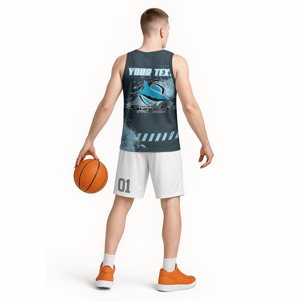Personalised Cronulla Sutherland Sharks Rugby Basketball Jersey Sharkies Mascot - Sporty Splash Art Style