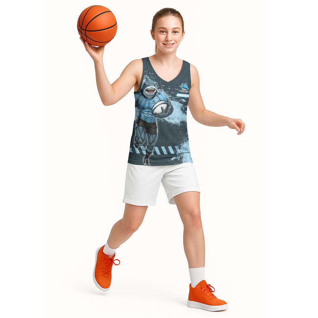 Personalised Cronulla Sutherland Sharks Rugby Basketball Jersey Sharkies Mascot - Sporty Splash Art Style