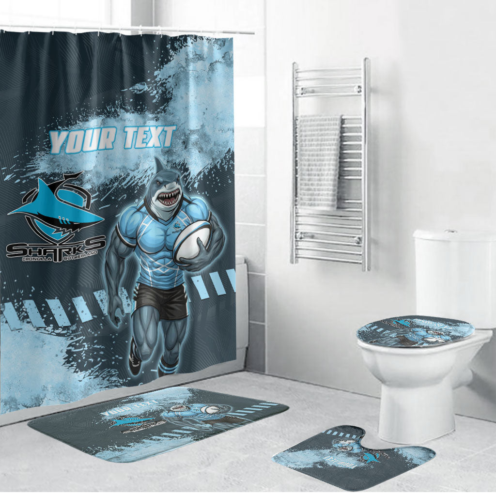Personalised Cronulla Sutherland Sharks Rugby Bathroom Set Sharkies Mascot - Sporty Splash Art Style