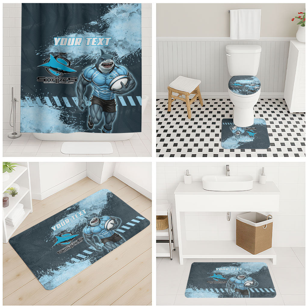 Personalised Cronulla Sutherland Sharks Rugby Bathroom Set Sharkies Mascot - Sporty Splash Art Style