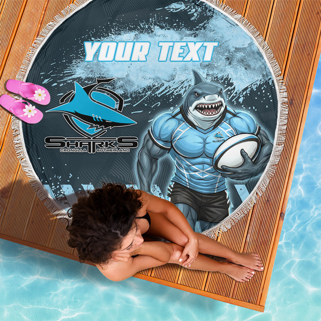 Personalised Cronulla Sutherland Sharks Rugby Beach Blanket Sharkies Mascot - Sporty Splash Art Style