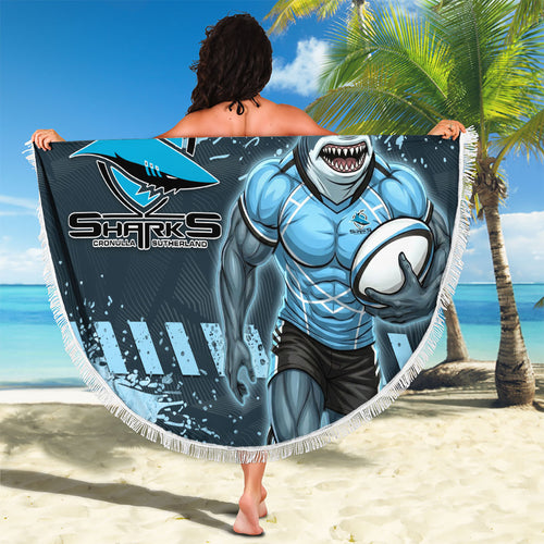 Personalised Cronulla Sutherland Sharks Rugby Beach Blanket Sharkies Mascot - Sporty Splash Art Style