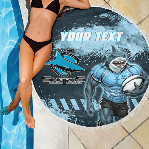 Personalised Cronulla Sutherland Sharks Rugby Beach Blanket Sharkies Mascot - Sporty Splash Art Style
