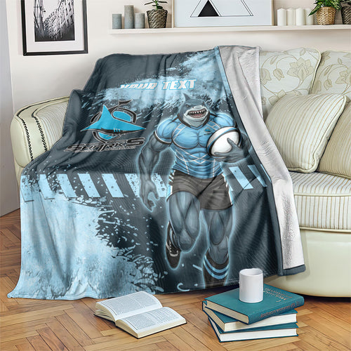 Personalised Cronulla Sutherland Sharks Rugby Blanket Sharkies Mascot - Sporty Splash Art Style
