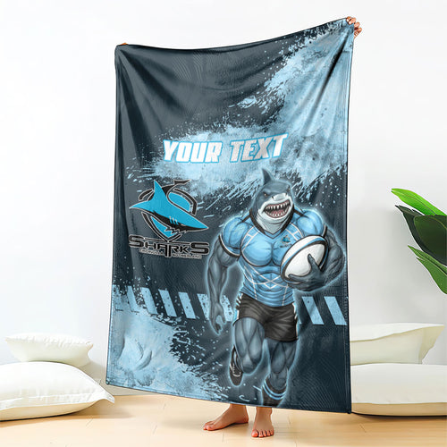 Personalised Cronulla Sutherland Sharks Rugby Blanket Sharkies Mascot - Sporty Splash Art Style