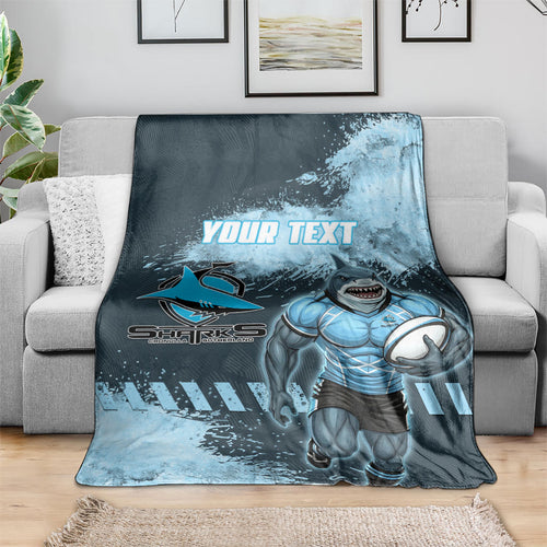 Personalised Cronulla Sutherland Sharks Rugby Blanket Sharkies Mascot - Sporty Splash Art Style