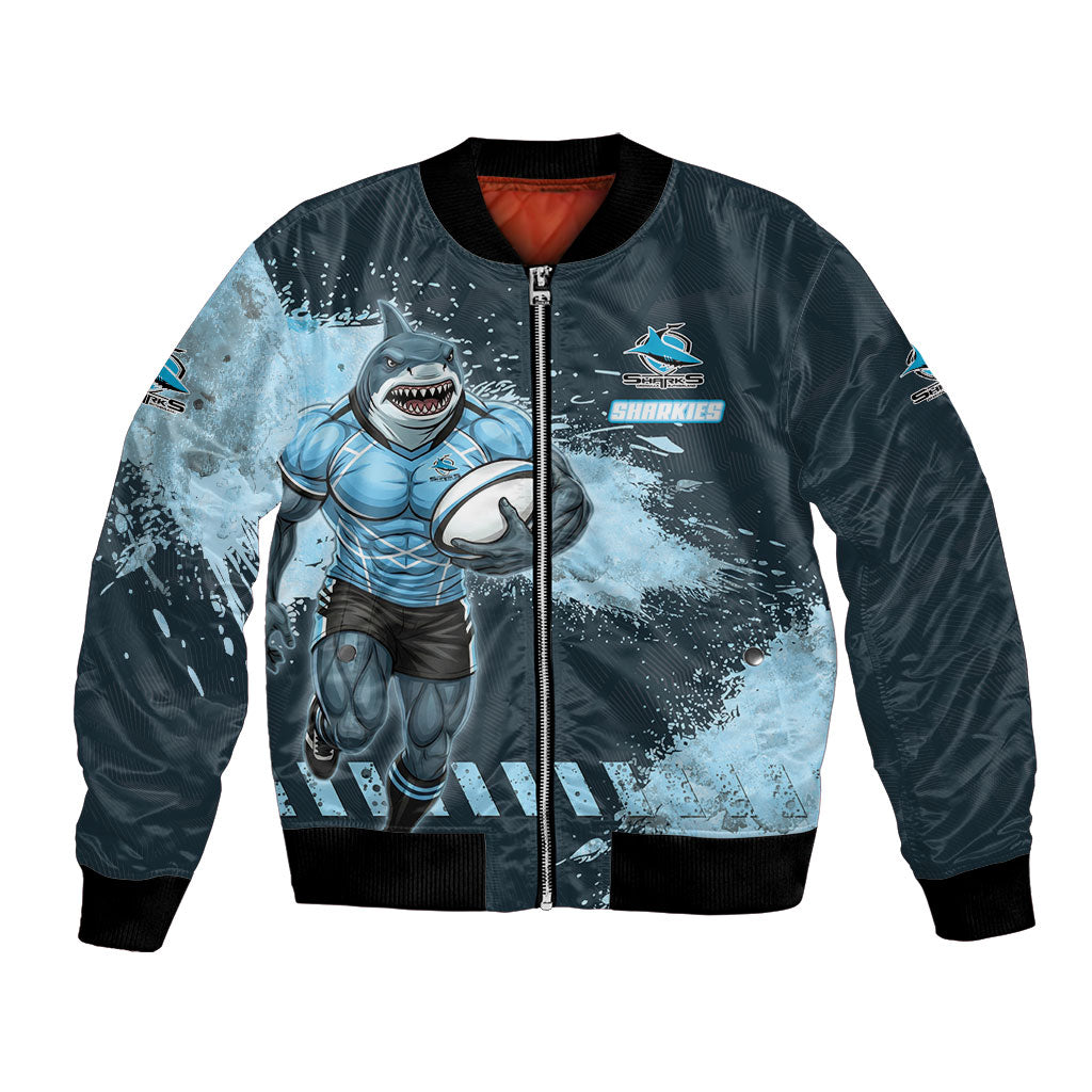 Personalised Cronulla Sutherland Sharks Rugby Bomber Jacket Sharkies Mascot - Sporty Splash Art Style