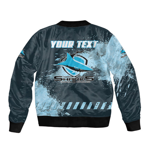 Personalised Cronulla Sutherland Sharks Rugby Bomber Jacket Sharkies Mascot - Sporty Splash Art Style