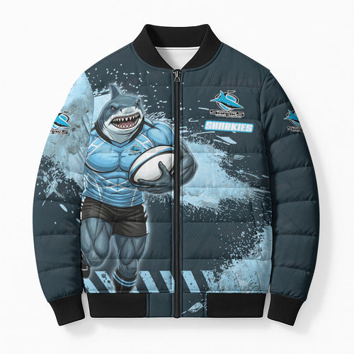 Personalised Cronulla Sutherland Sharks Rugby Bomber Puffer Jacket Sharkies Mascot - Sporty Splash Art Style