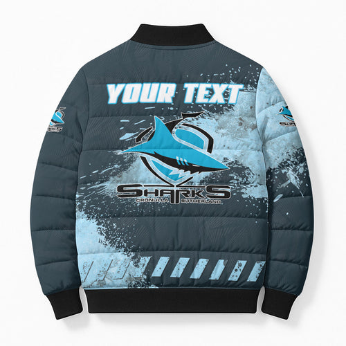 Personalised Cronulla Sutherland Sharks Rugby Bomber Puffer Jacket Sharkies Mascot - Sporty Splash Art Style