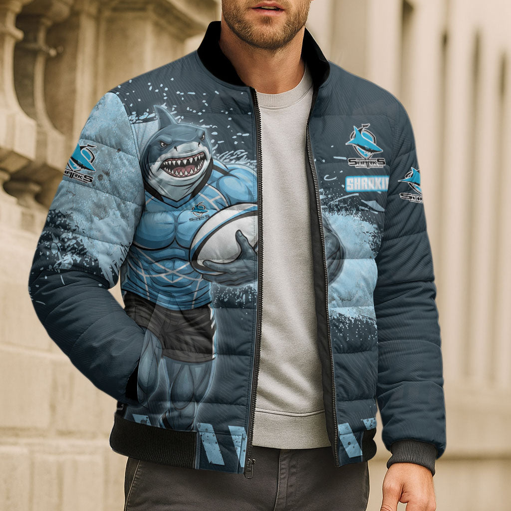 Personalised Cronulla Sutherland Sharks Rugby Bomber Puffer Jacket Sharkies Mascot - Sporty Splash Art Style