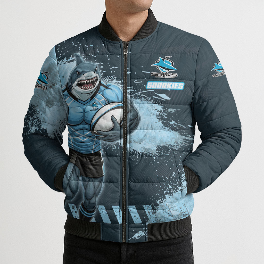 Personalised Cronulla Sutherland Sharks Rugby Bomber Puffer Jacket Sharkies Mascot - Sporty Splash Art Style