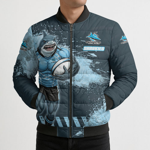 Personalised Cronulla Sutherland Sharks Rugby Bomber Puffer Jacket Sharkies Mascot - Sporty Splash Art Style