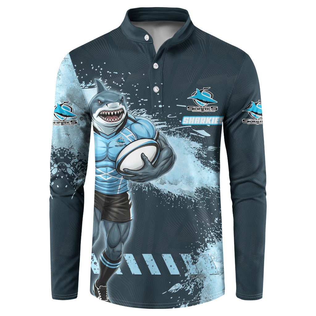 Personalised Cronulla Sutherland Sharks Rugby Button Sweatshirt Sharkies Mascot - Sporty Splash Art Style
