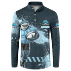 Personalised Cronulla Sutherland Sharks Rugby Button Sweatshirt Sharkies Mascot - Sporty Splash Art Style