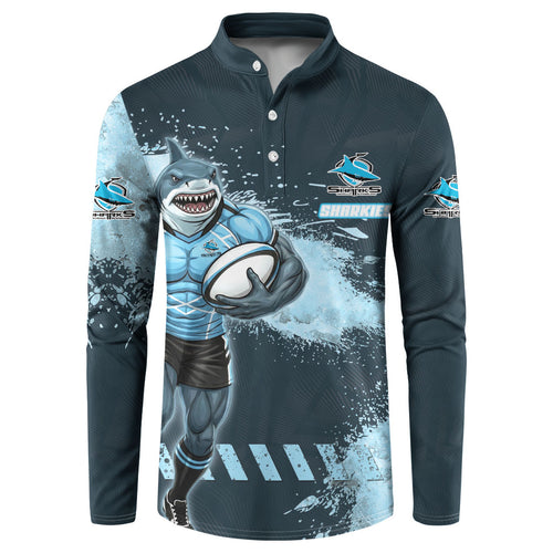Personalised Cronulla Sutherland Sharks Rugby Button Sweatshirt Sharkies Mascot - Sporty Splash Art Style