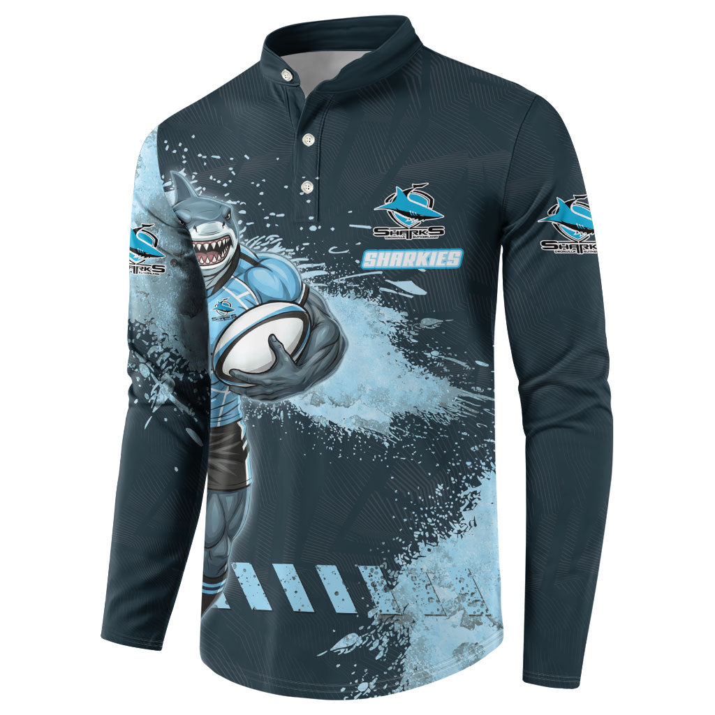 Personalised Cronulla Sutherland Sharks Rugby Button Sweatshirt Sharkies Mascot - Sporty Splash Art Style