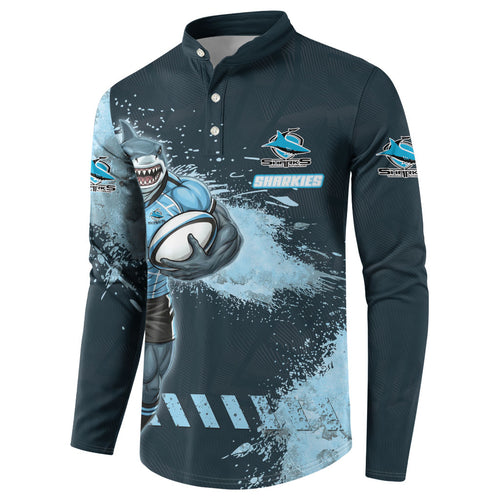 Personalised Cronulla Sutherland Sharks Rugby Button Sweatshirt Sharkies Mascot - Sporty Splash Art Style