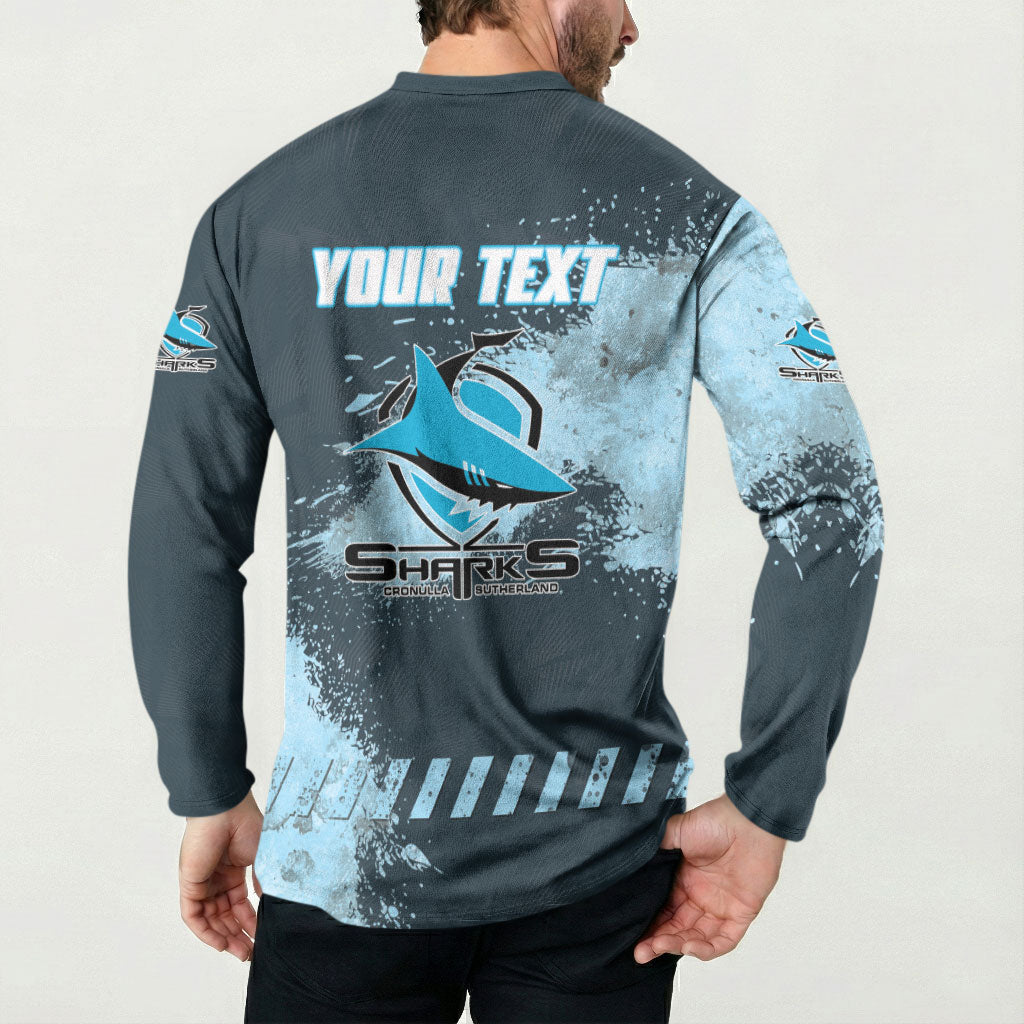 Personalised Cronulla Sutherland Sharks Rugby Button Sweatshirt Sharkies Mascot - Sporty Splash Art Style