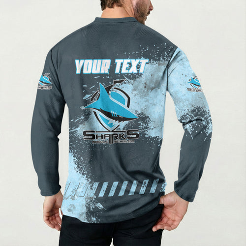 Personalised Cronulla Sutherland Sharks Rugby Button Sweatshirt Sharkies Mascot - Sporty Splash Art Style