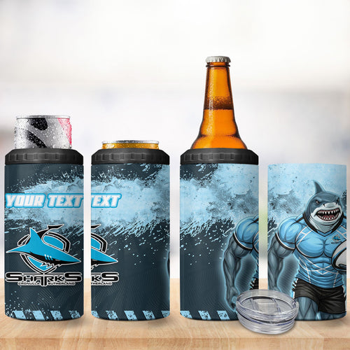 Personalised Cronulla Sutherland Sharks Rugby 4 in 1 Can Cooler Tumbler Sharkies Mascot - Sporty Splash Art Style
