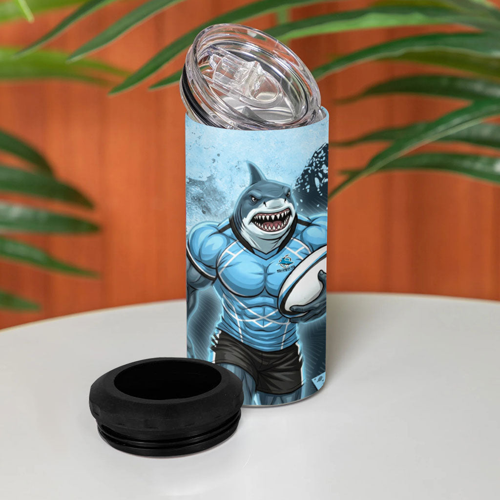 Personalised Cronulla Sutherland Sharks Rugby 4 in 1 Can Cooler Tumbler Sharkies Mascot - Sporty Splash Art Style