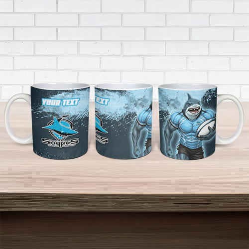 Personalised Cronulla Sutherland Sharks Rugby Ceramic Mug Sharkies Mascot - Sporty Splash Art Style