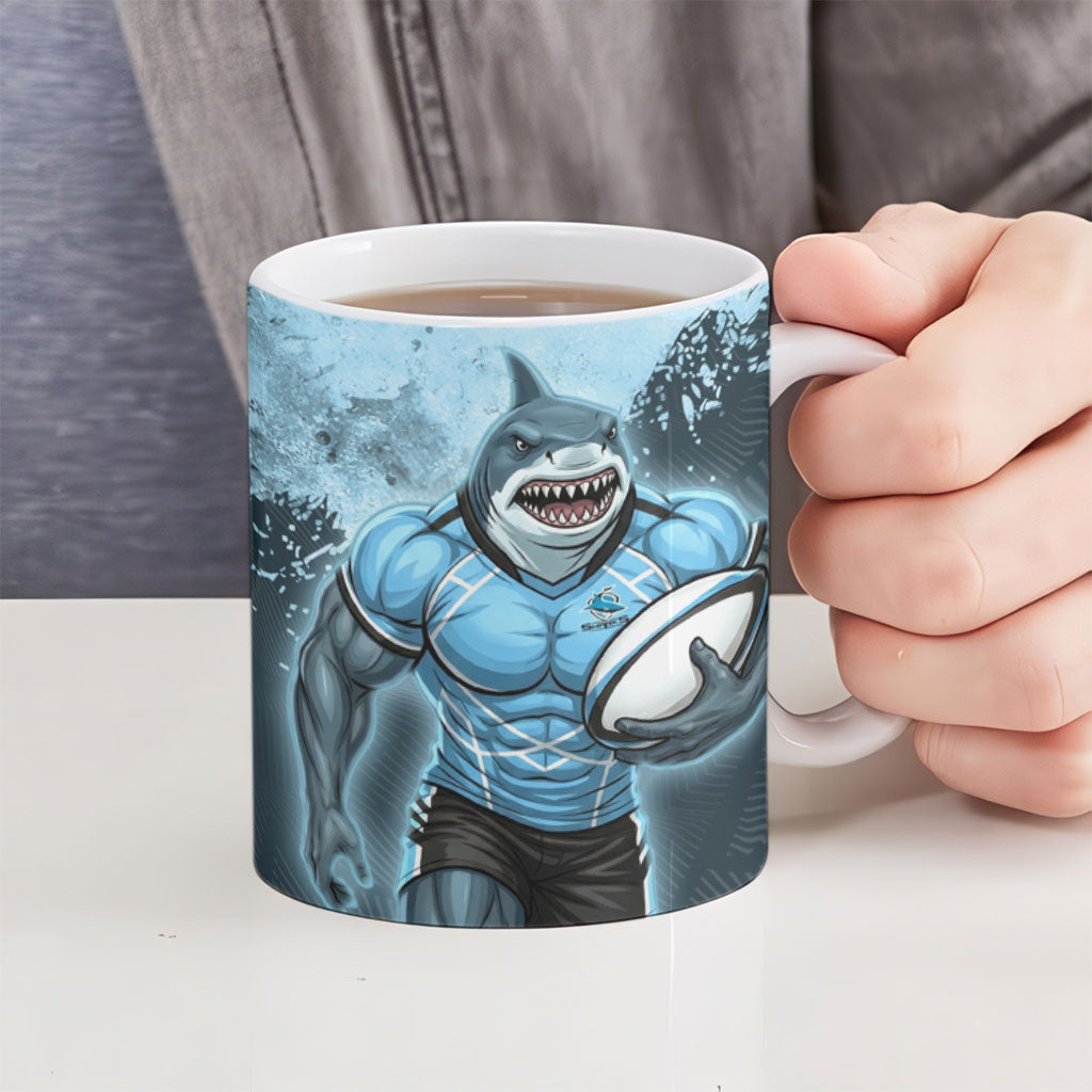 Personalised Cronulla Sutherland Sharks Rugby Ceramic Mug Sharkies Mascot - Sporty Splash Art Style