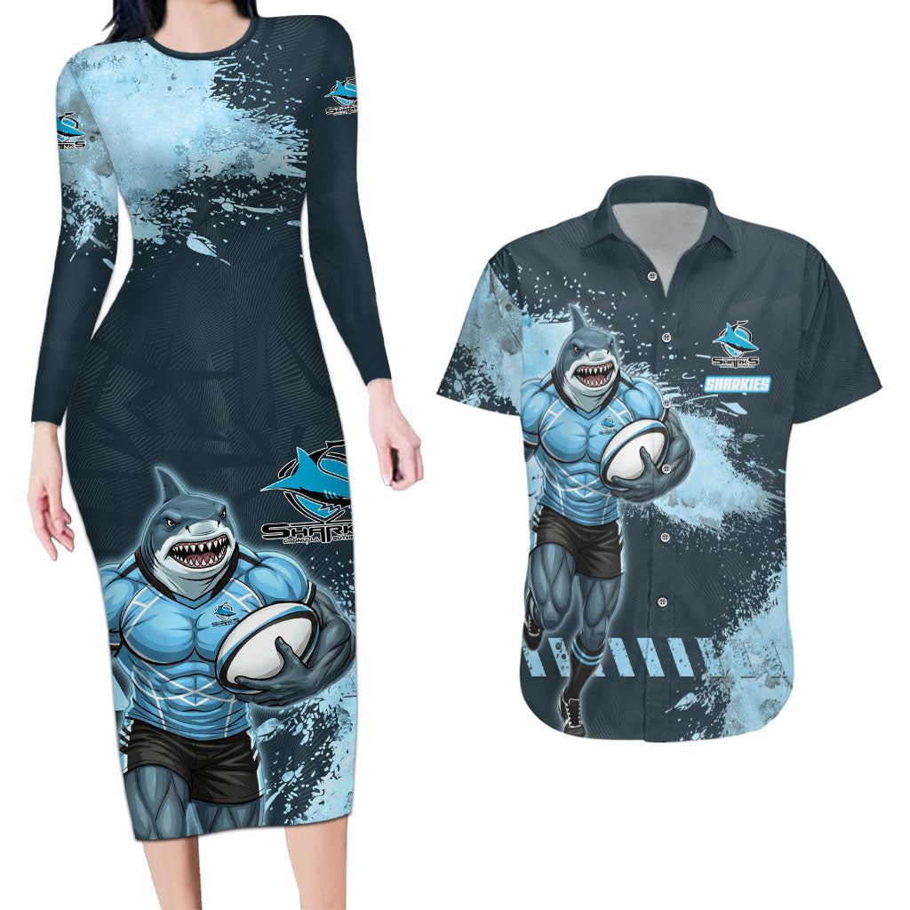 Personalised Cronulla Sutherland Sharks Rugby Couples Matching Long Sleeve Bodycon Dress and Hawaiian Shirt Sharkies Mascot - Sporty Splash Art Style