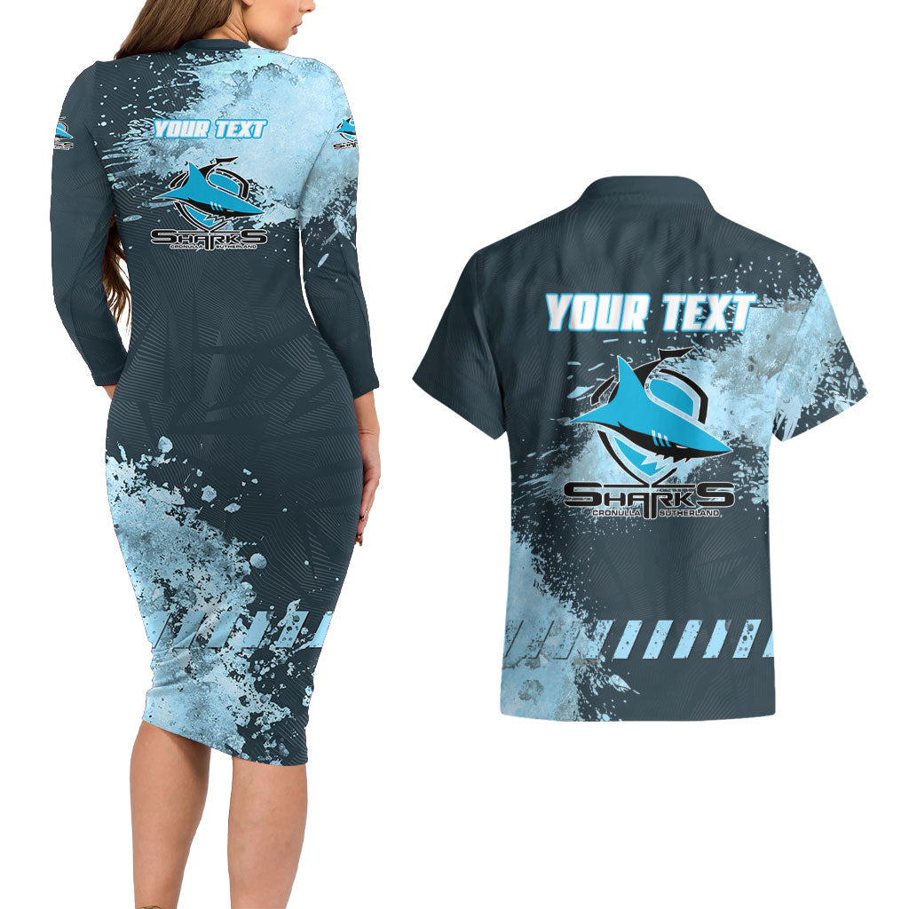 Personalised Cronulla Sutherland Sharks Rugby Couples Matching Long Sleeve Bodycon Dress and Hawaiian Shirt Sharkies Mascot - Sporty Splash Art Style