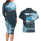 Personalised Cronulla Sutherland Sharks Rugby Couples Matching Long Sleeve Bodycon Dress and Hawaiian Shirt Sharkies Mascot - Sporty Splash Art Style