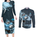 Personalised Cronulla Sutherland Sharks Rugby Couples Matching Long Sleeve Bodycon Dress and Long Sleeve Button Shirt Sharkies Mascot - Sporty Splash Art Style