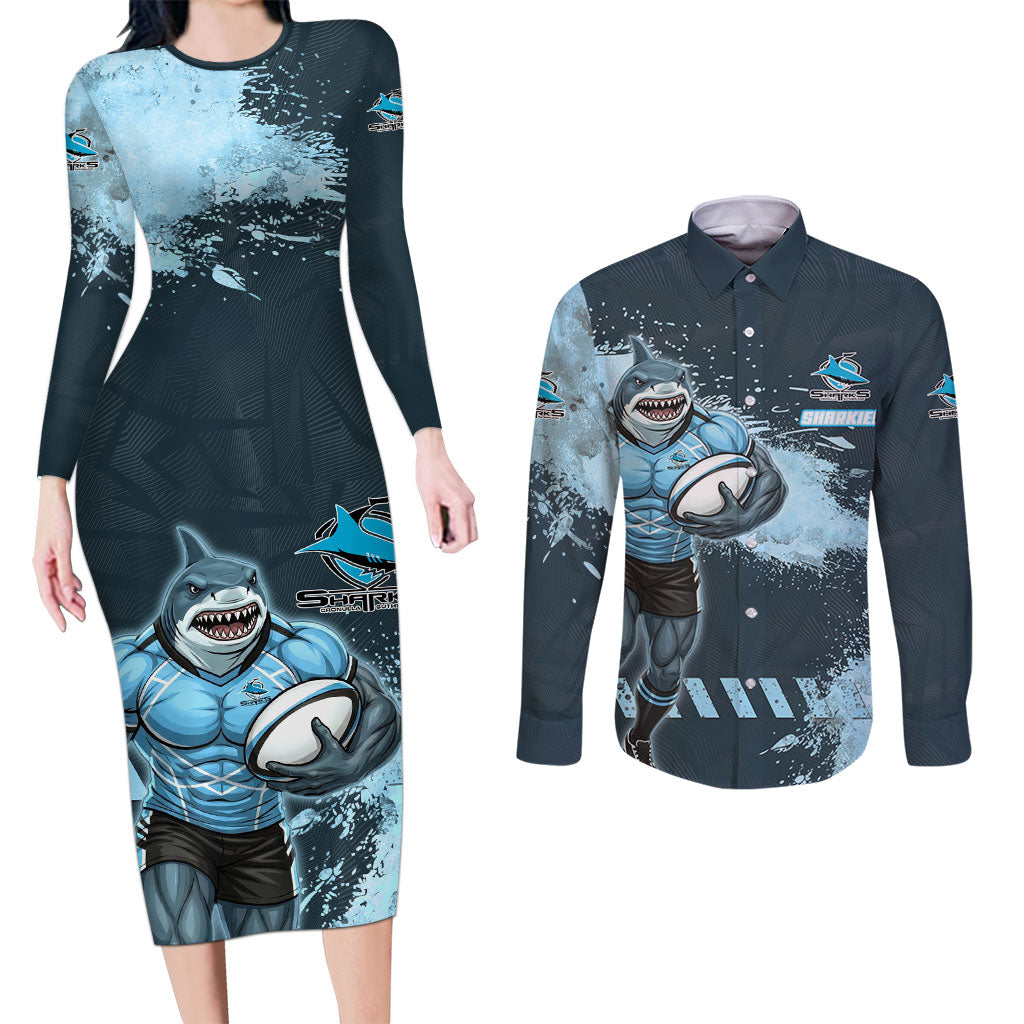 Personalised Cronulla Sutherland Sharks Rugby Couples Matching Long Sleeve Bodycon Dress and Long Sleeve Button Shirt Sharkies Mascot - Sporty Splash Art Style