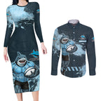 Personalised Cronulla Sutherland Sharks Rugby Couples Matching Long Sleeve Bodycon Dress and Long Sleeve Button Shirt Sharkies Mascot - Sporty Splash Art Style
